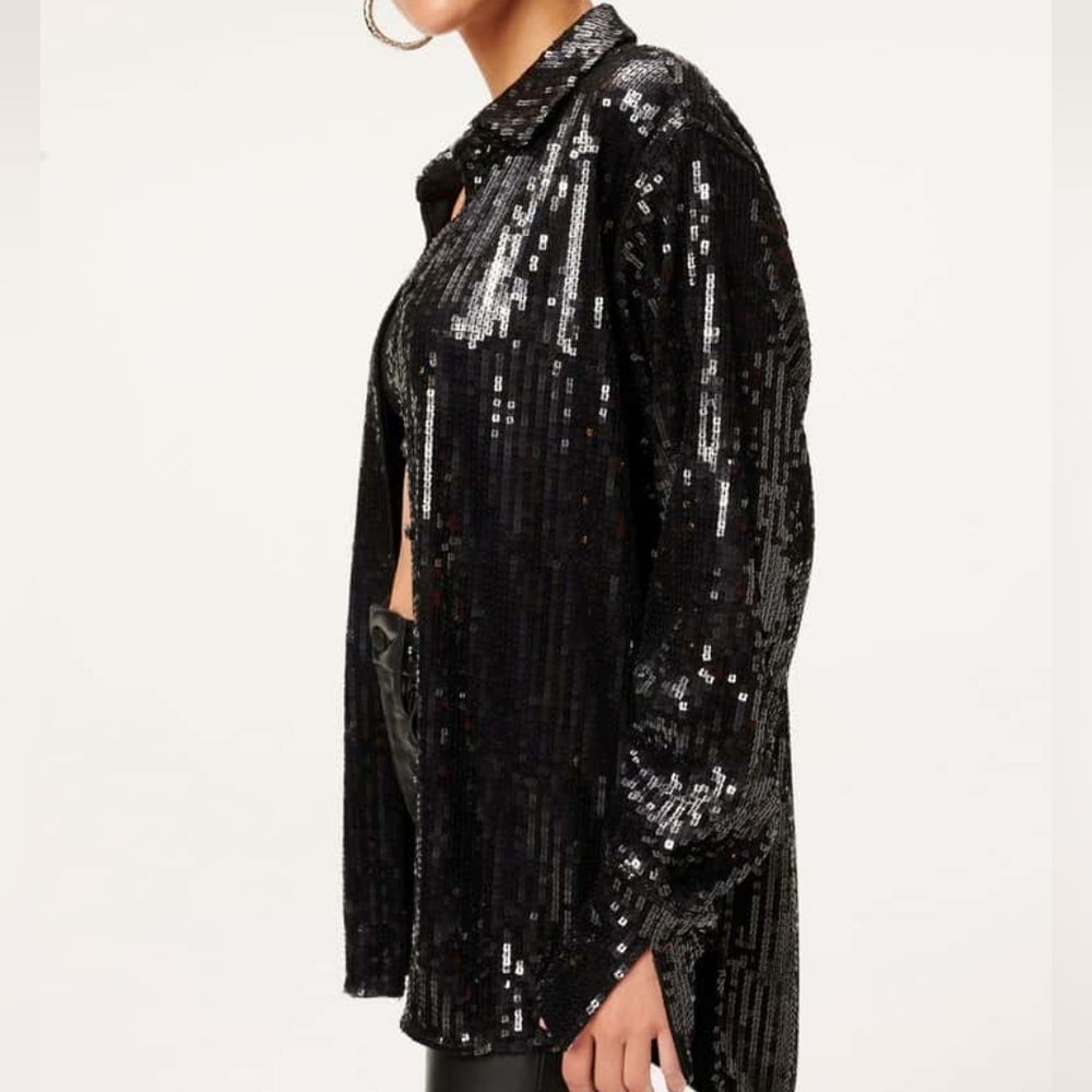 Good‎ American Black Sequin Button down Blouse Shirt Size Medium 2